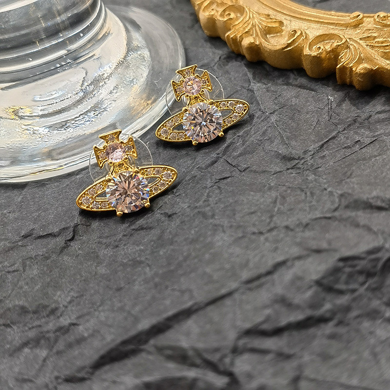 PVLU Queen Mother's Classic Saturn Color Diamond Earrings, Socialite Style Colorful Zircon White Dia