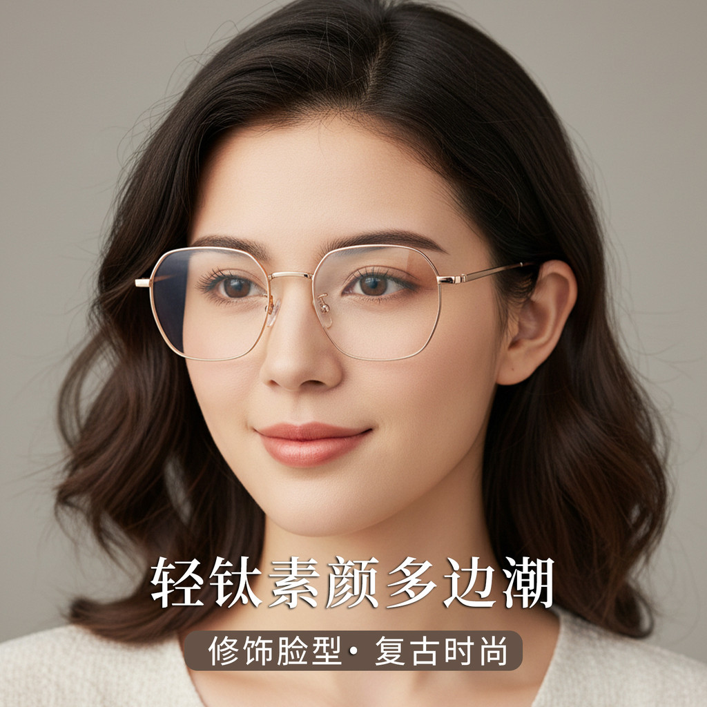 Popular~Popular polygonal myopia glasses for women, ultra-light pure titanium, natural look, pure de