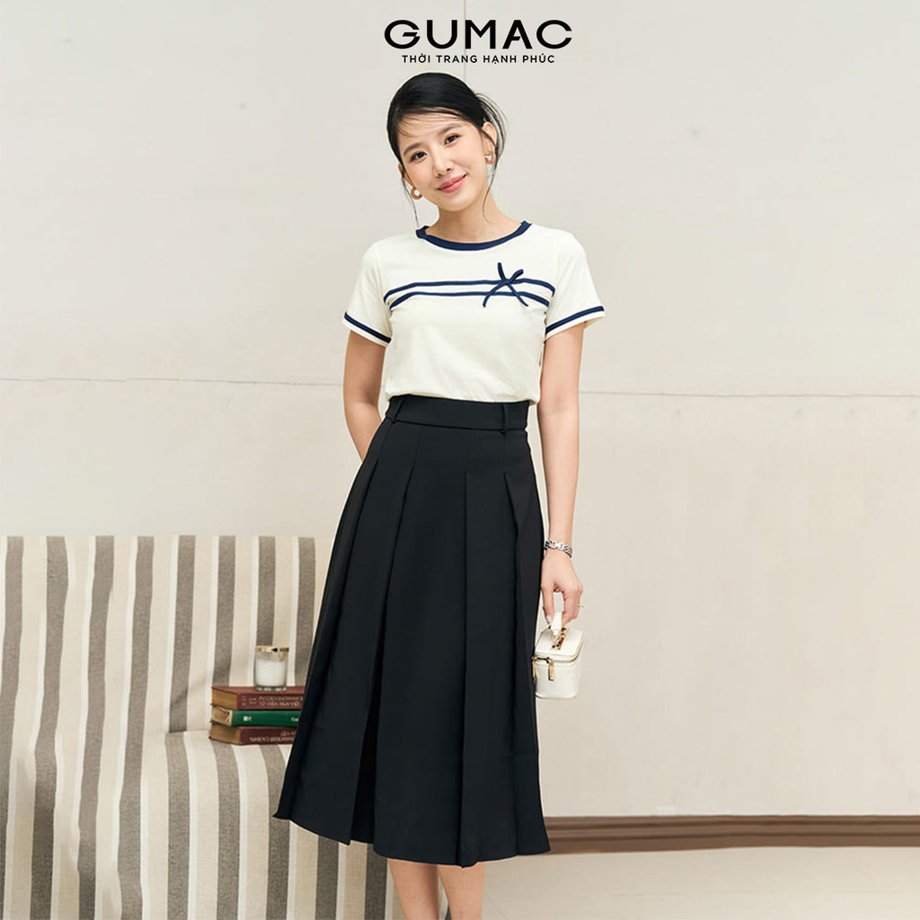 Chân váy nữ A midi dáng dài xòe xếp ly màu nâu - đen thanh lịch công sở thời trang GUMAC LVE0805