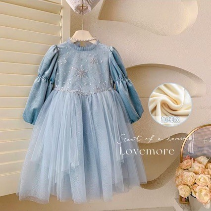 2024 Bé Gái Xanh Elsa Đầm Công Chúa Dài Tay Đầm Alice Đầm Bé Gái Cao Cấp Đầm 60318