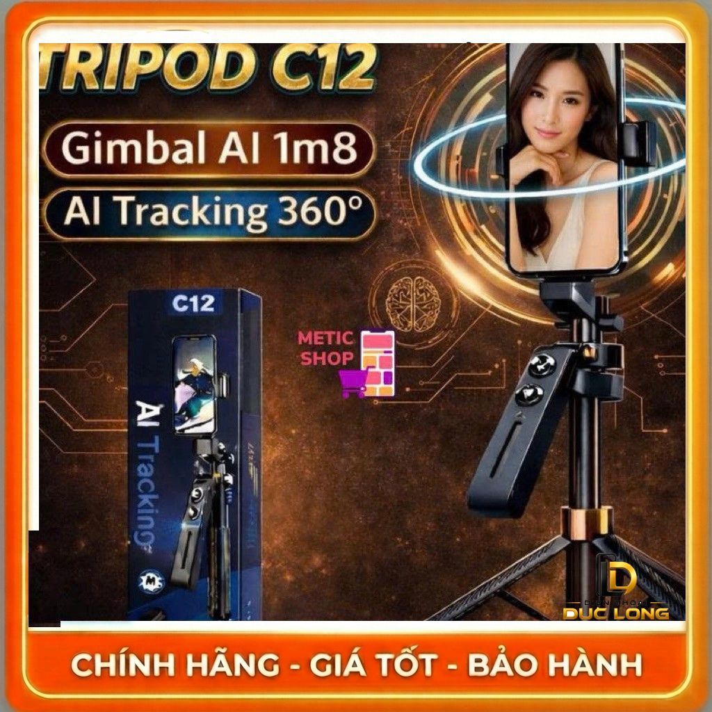 Gậy Selfie Tripod C12 1m8 Xoay 360°, Gimbal AI Tracking, Remote Bluetooth , Tripod Livestream, Quay 