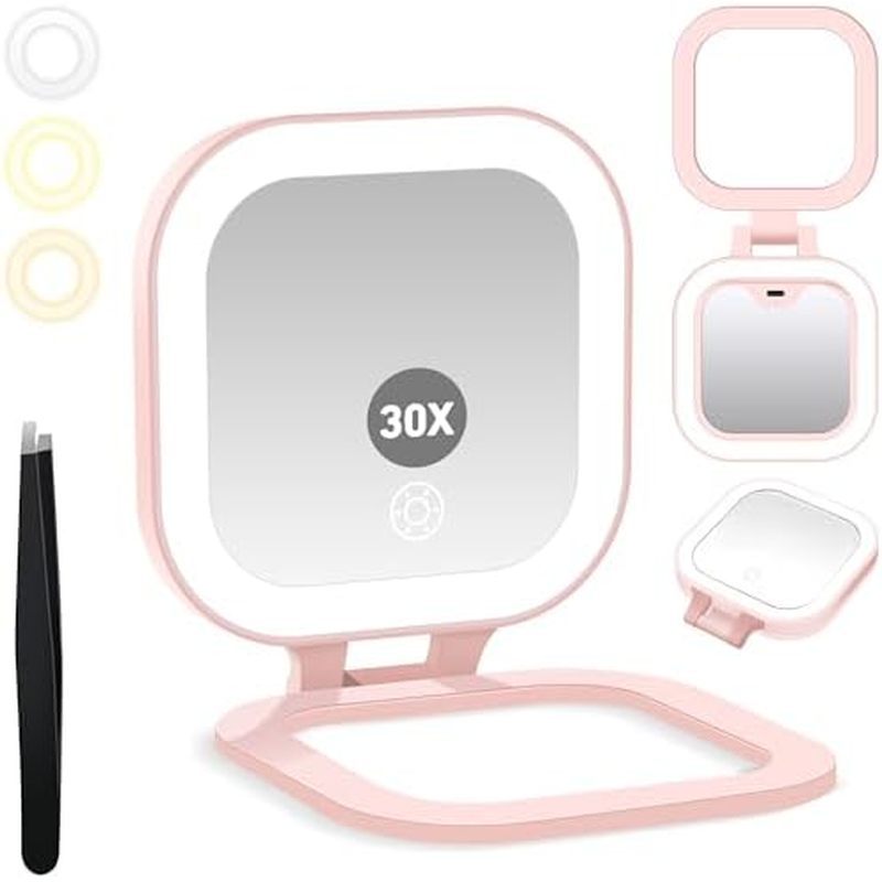 GOMIPURU Travel Mirror with Light, Compact Mirrors, 1x/30x Magnifying Mirror with 3 Color Lights and