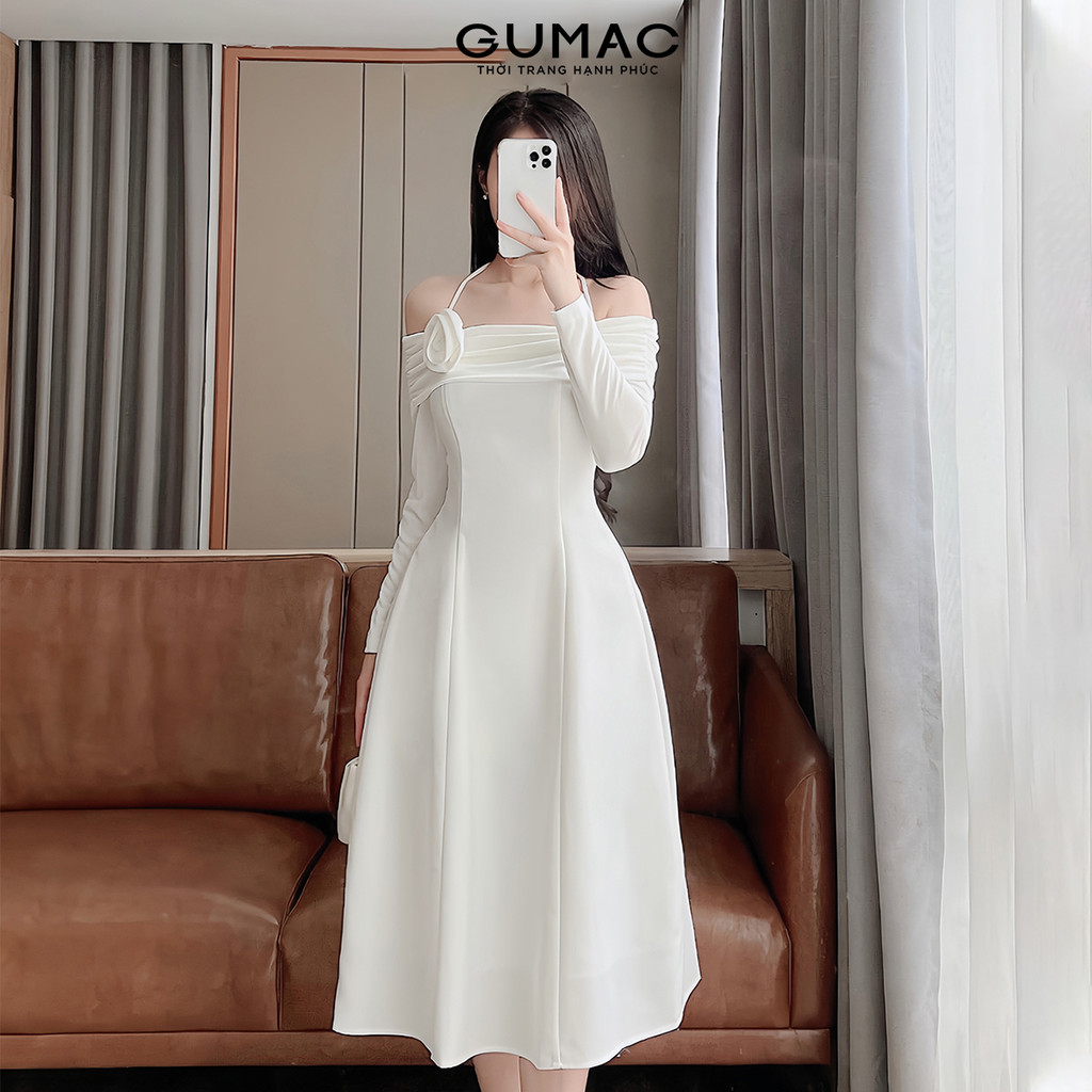 Đầm nữ trễ vai phối hoa thời trang GUMAC DE08086