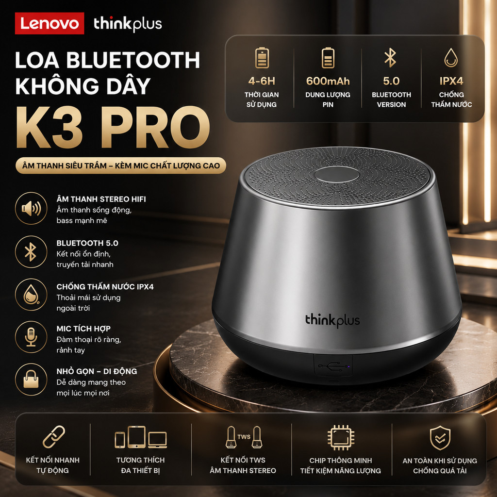 Loa mini Bluetooth Không Dây Lenovo K3 Pro_ âm thanh HiFi siêu trầm | BigBuy360 - bigbuy360.vn