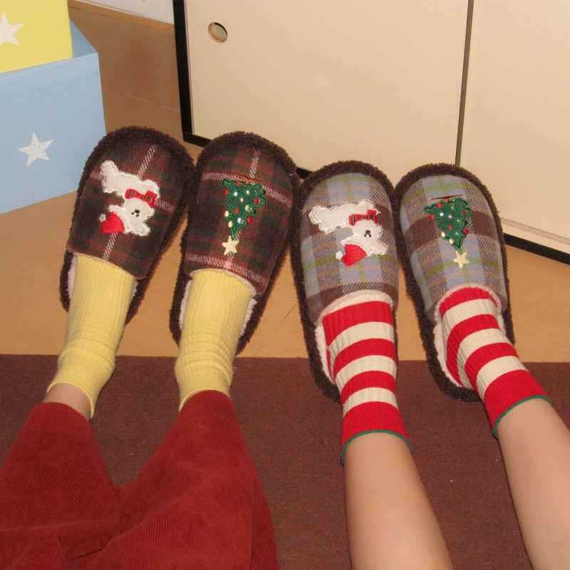 Bedroom Vintage Plaid Embroidered Puppy Cotton Slippers Christmas Tree Non-Slip Ladies Winter Fur Sh