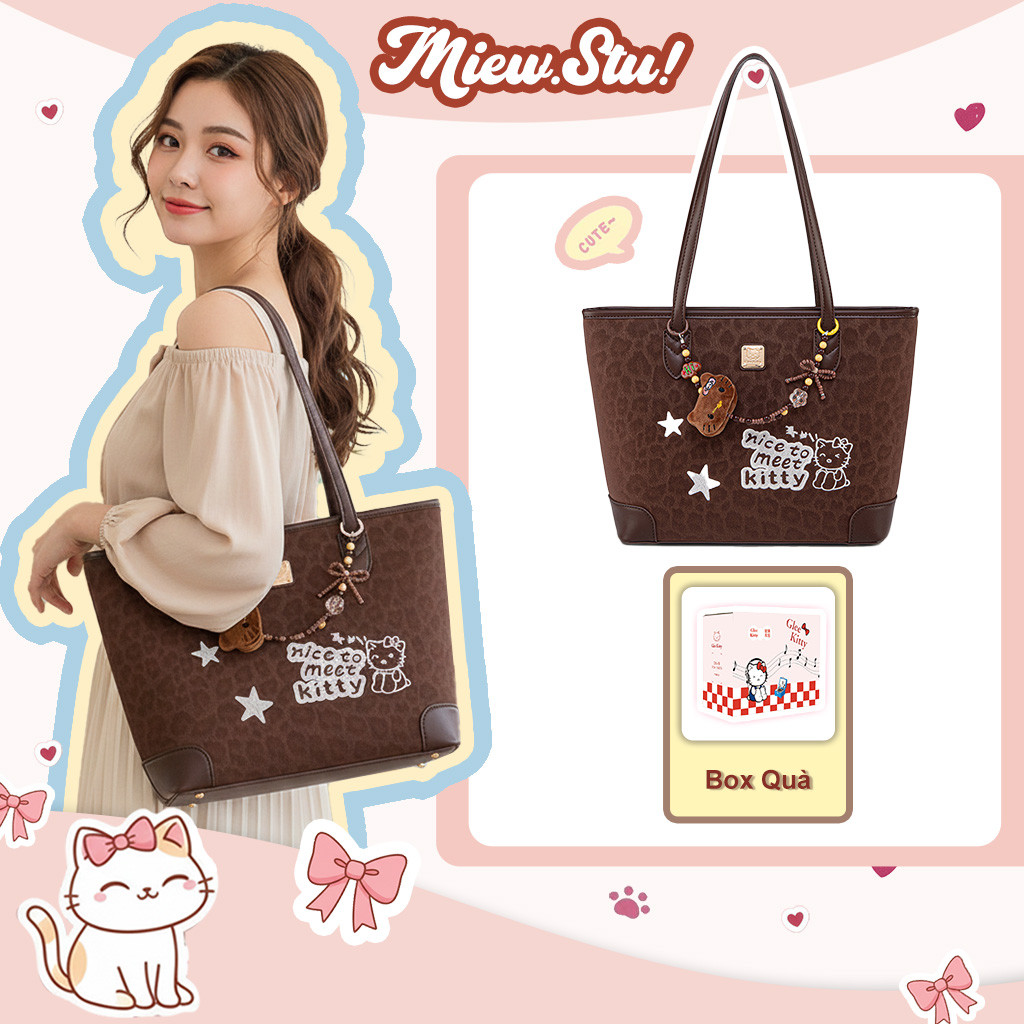 Meiw.stu Túi Tote Da Họa Tiết Cute Mèo Glee Kitty - Túi Xách Nữ Thời Trang Dáng Lớn – Kèm Charm & Bo