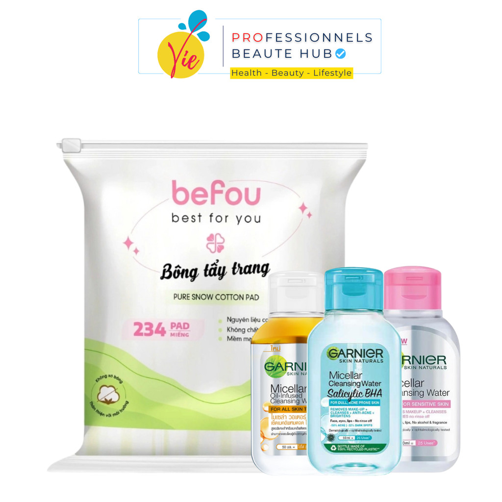Bông Tẩy Trang BEFOU 234 Miếng + Nước Tẩy Trang GARNIER 50ml - Vie Beaute SGN