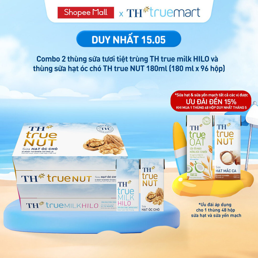 Combo 1 Thùng sữa tươi tiệt trùng TH true Milk HILO và 1 Thùng sữa hạt óc chó TH true Nut 180ml x 96