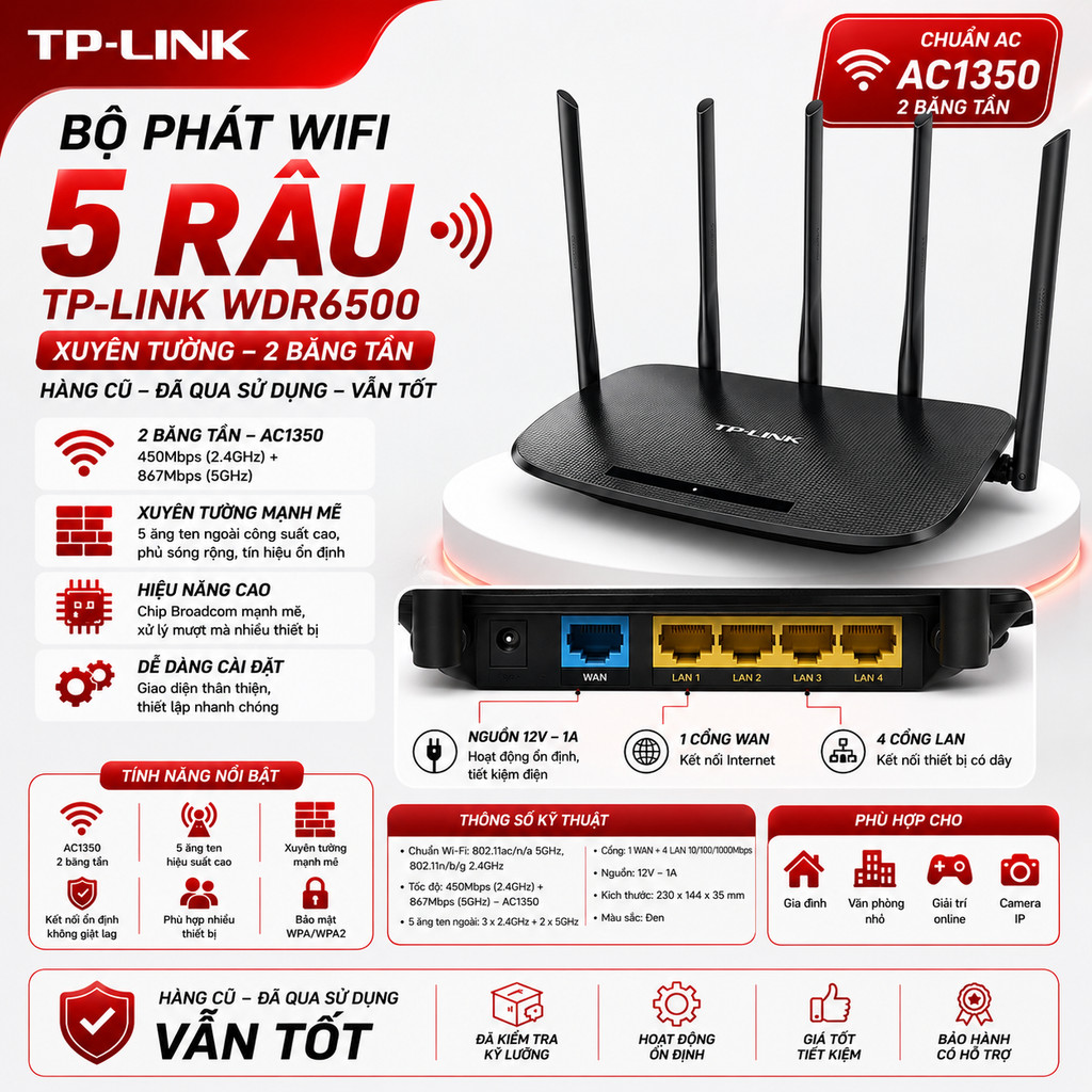 Bộ Phát Wifi 5 Râu Tplink WDR6500 Xuyên Tường 2 Băng Tần ( CŨ  )