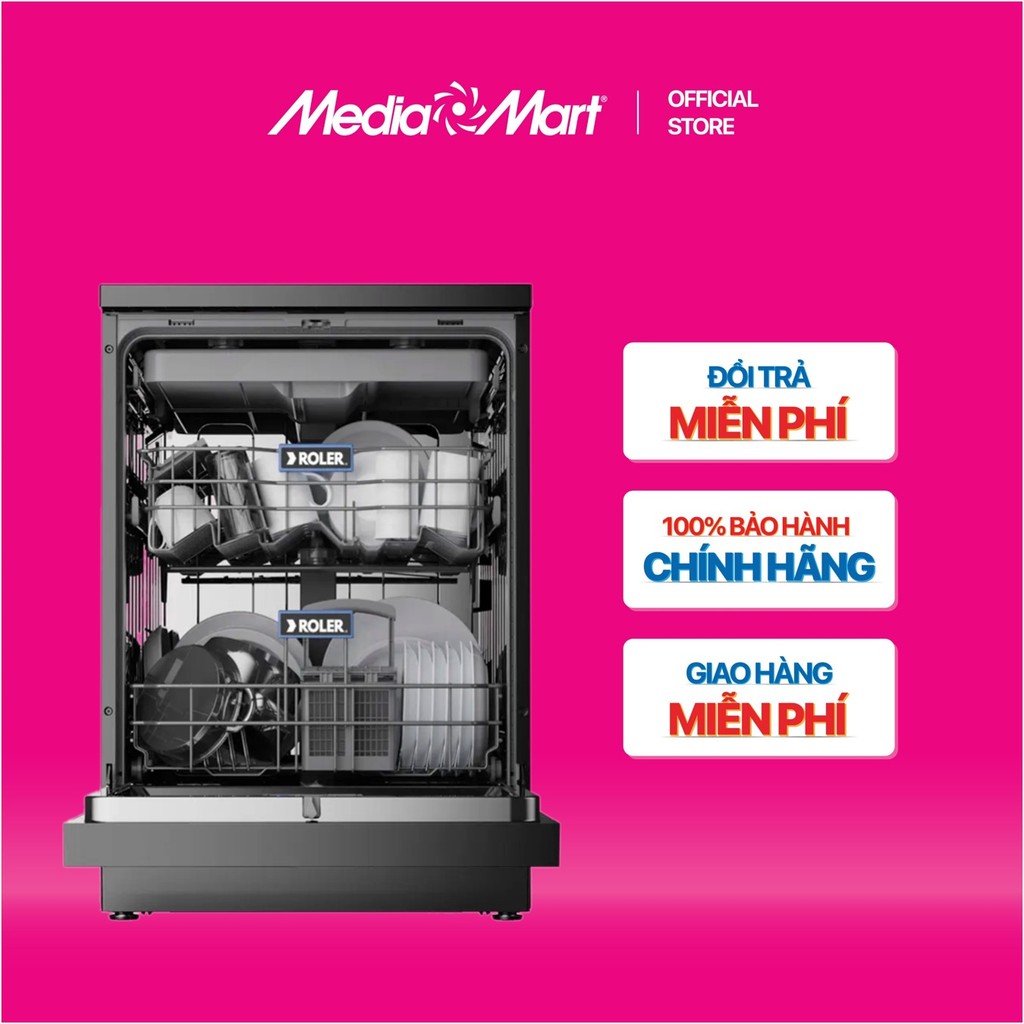 [MediaMart-FREESHIP] Máy rửa bát sấy khô và mở cửa tự động công nghệ 1 chạm 15 bộ Inverter Roler RDW-5518.3-SG