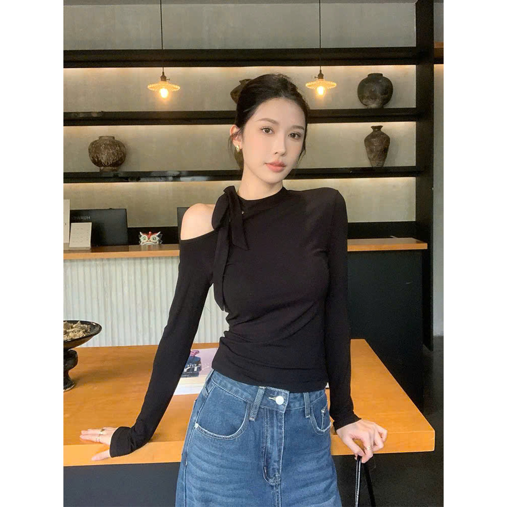 T602 Áo Giữ Nhiệt Lông Thỏ Trễ Vai Thiết Kế Nơ Cách Điệu - T2 Fashion | BigBuy360 - bigbuy360.vn