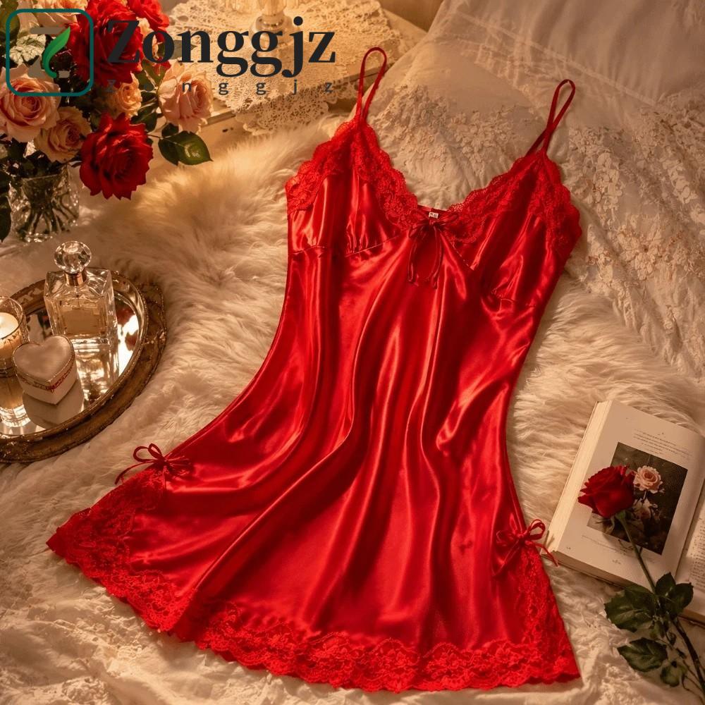 ZONGGJZ Váy ngủ ren, đầm ngủ satin lụa không tay nơ, mềm mại thoáng khí, kiểu patchwork, đồ ngủ nữ c