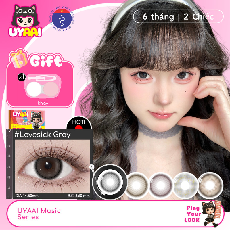 Kính áp tròng UYAAI Lovesick Grey Brown Pink Lens Eyes 6 tháng 0.00~4.00 Độ lens mới thiết bị dùng thử đầu tiên ống kính