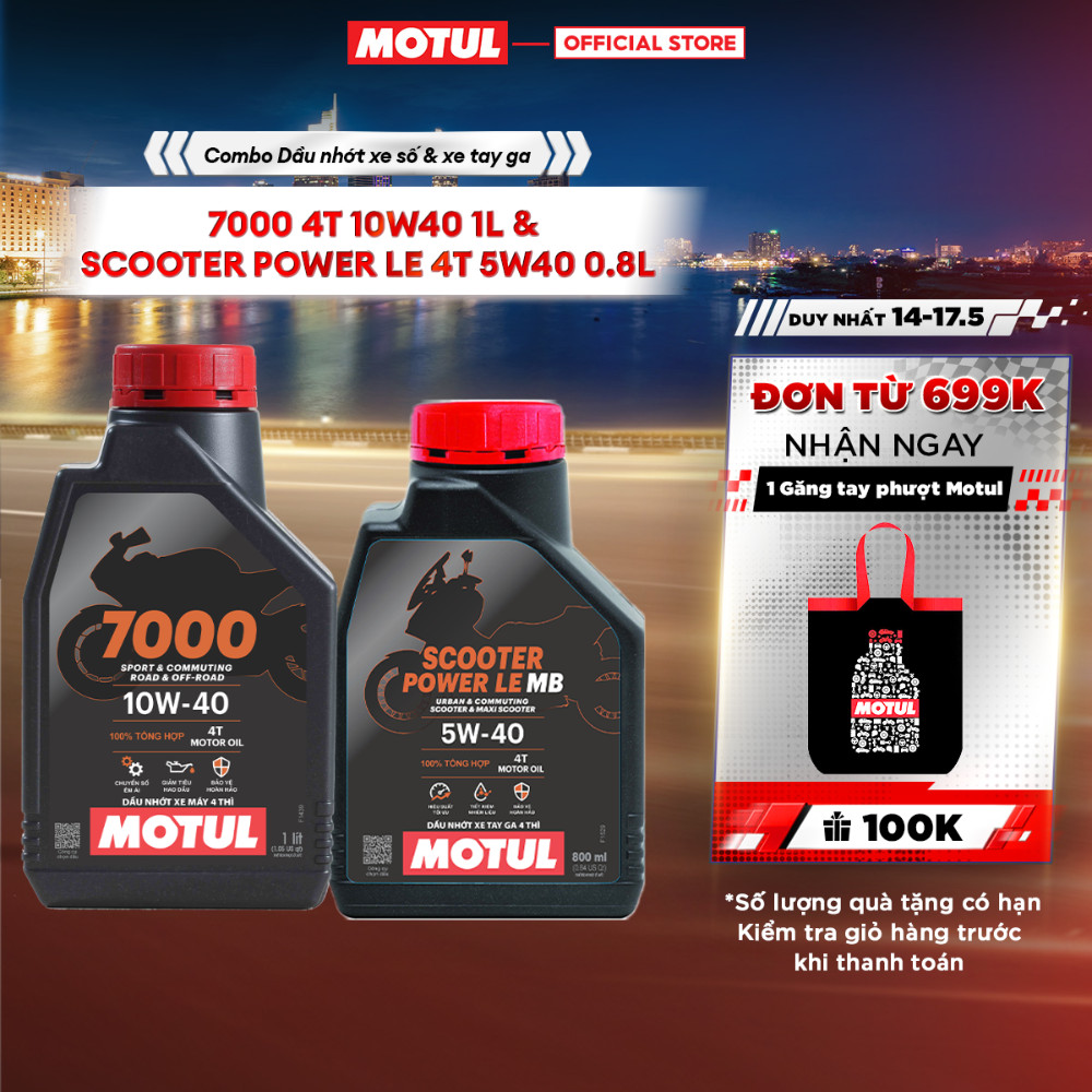 Combo Dầu nhớt xe máy MOTUL 7000 4T 10W40 1L và xe tay ga Scooter Power LE 4T 5W40 0.8L