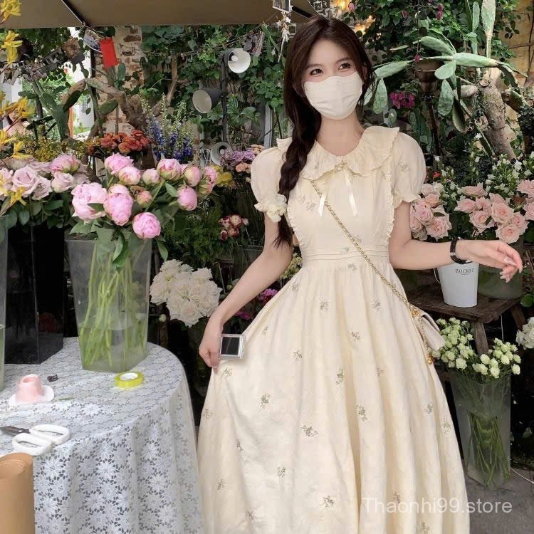 Váy Hoa Nhí Tay Phồng Tôn Dáng, Thiết Kế Chiết Eo Style Mori Girl, Form Dáng Dài Nữ