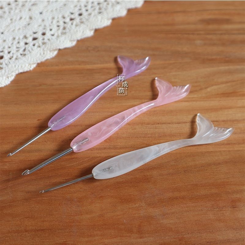 Jinlan Đuôi Cá Móc Hồng Tím Nàng Tiên Cá Nhựa Tay Cầm Thép Không Gỉ Kim Handmade Len Đan Dụng Cụ