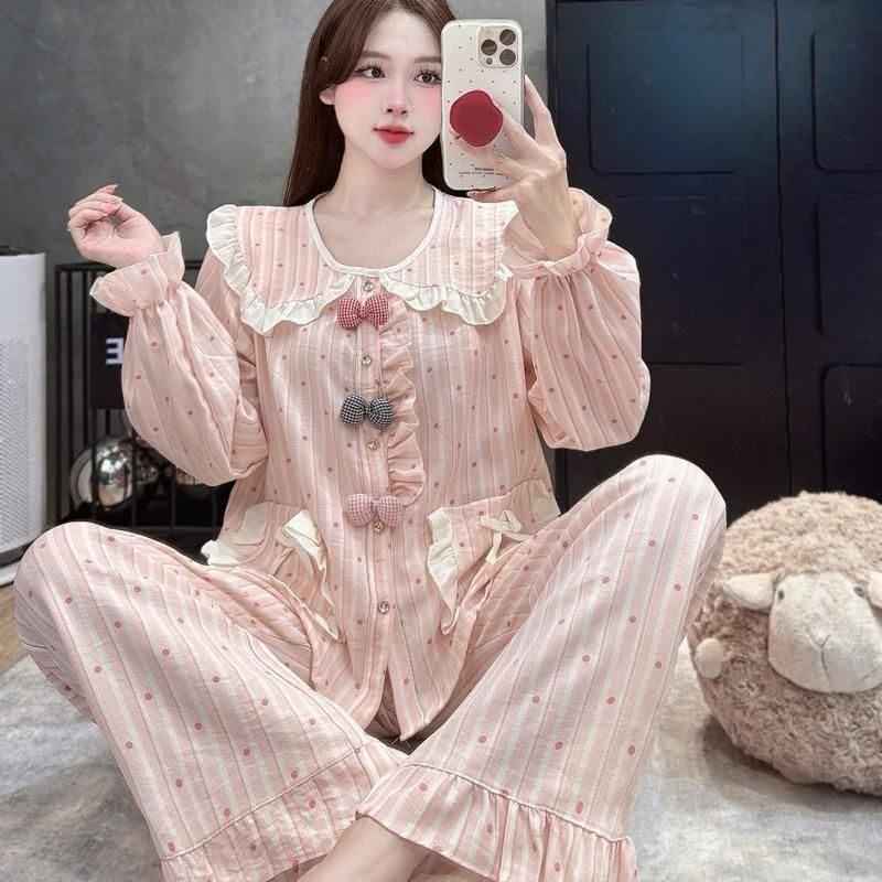 Bộ Mặc Nhà Cổ Sen viền bèo 3 nơ chất liệu Vân mây mới mềm đẹp dễ thương cho Nữ DD018 Sammy - Nữ | BigBuy360 - bigbuy360.vn