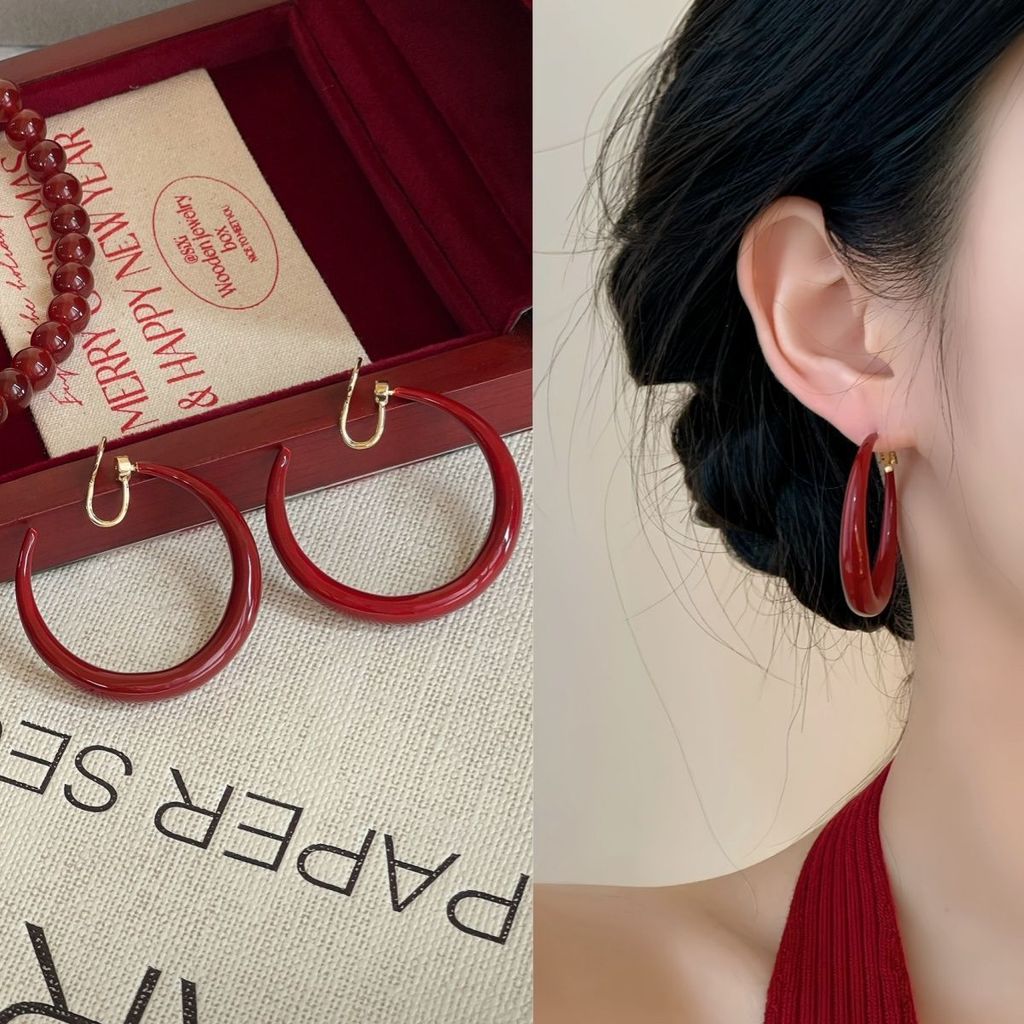 {Encorela Red} Bông tai màu đỏ hình tròn cổ điển Kẹp tai không xỏ lỗ Bông tai làm trắng hình tròn