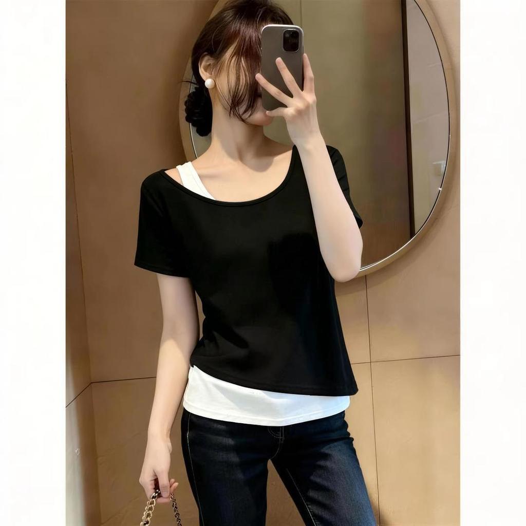 Thời Trang Không Đều Màu Sắc Tương Phản Giả Hai Mảnh Áo Nữ Mùa Hè Plus Size Béo Sister Phù Hợp Với S