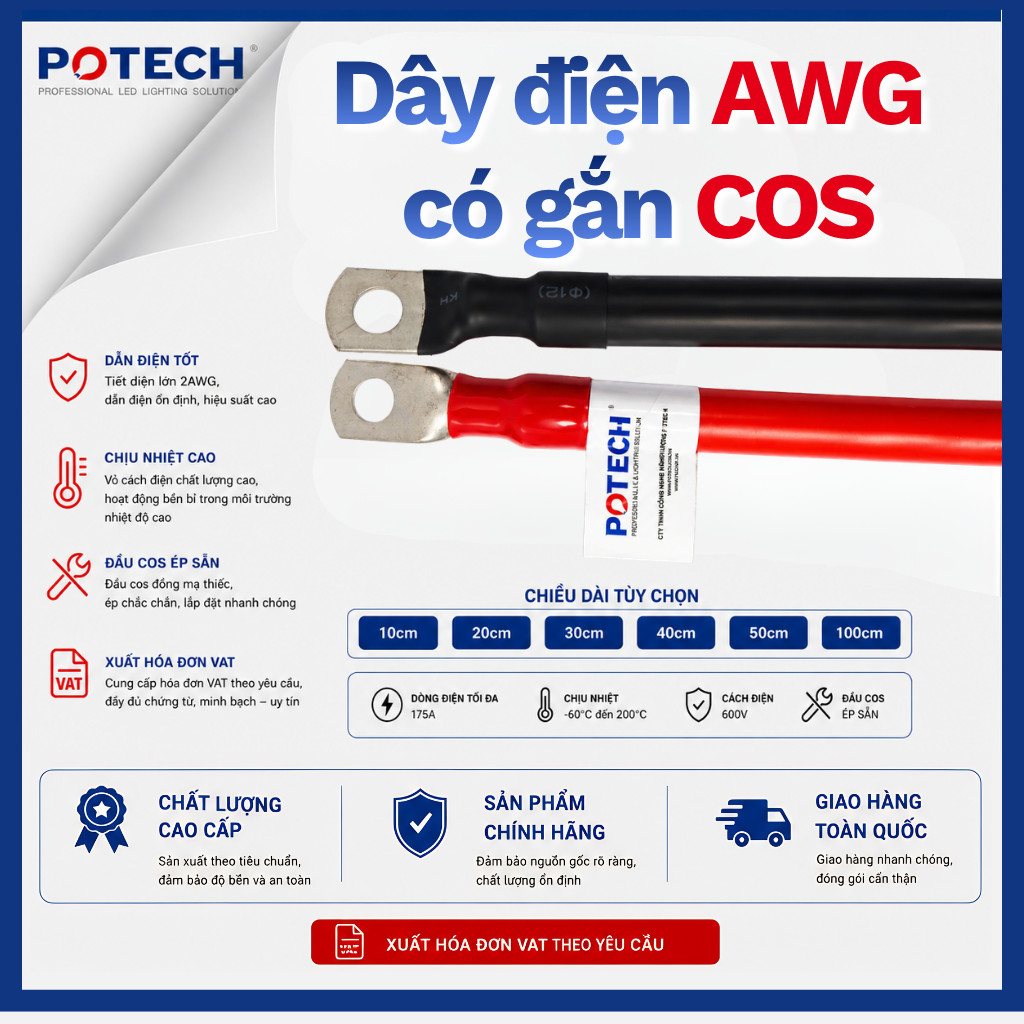Dây Điện 2AWG 4AWG 6AWG 8AWG Bấm Sẵn Đầu Cos dài 10, 20, 30, 40, 50cm– Đấu Nối Nhanh, Chắc Chắn