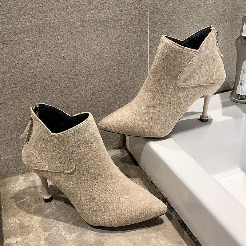 Mùa Thu Đông Mới Mũi Nhọn Giày Bốt Giữa Gót Mỏng Cao Gót Lnternet Người Nổi Tiếng Đa Năng Ngắn Da Lộ