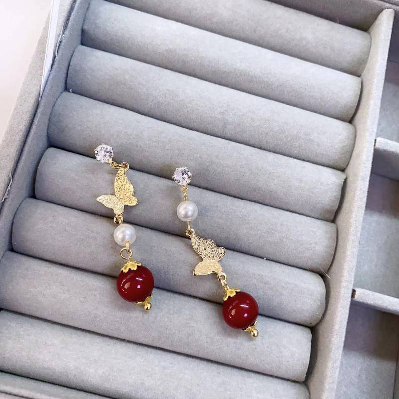 Retro Asymmetric Butterfly Earrings for Women Autumn and Winter New Burgundy Earrings Zircon Earring