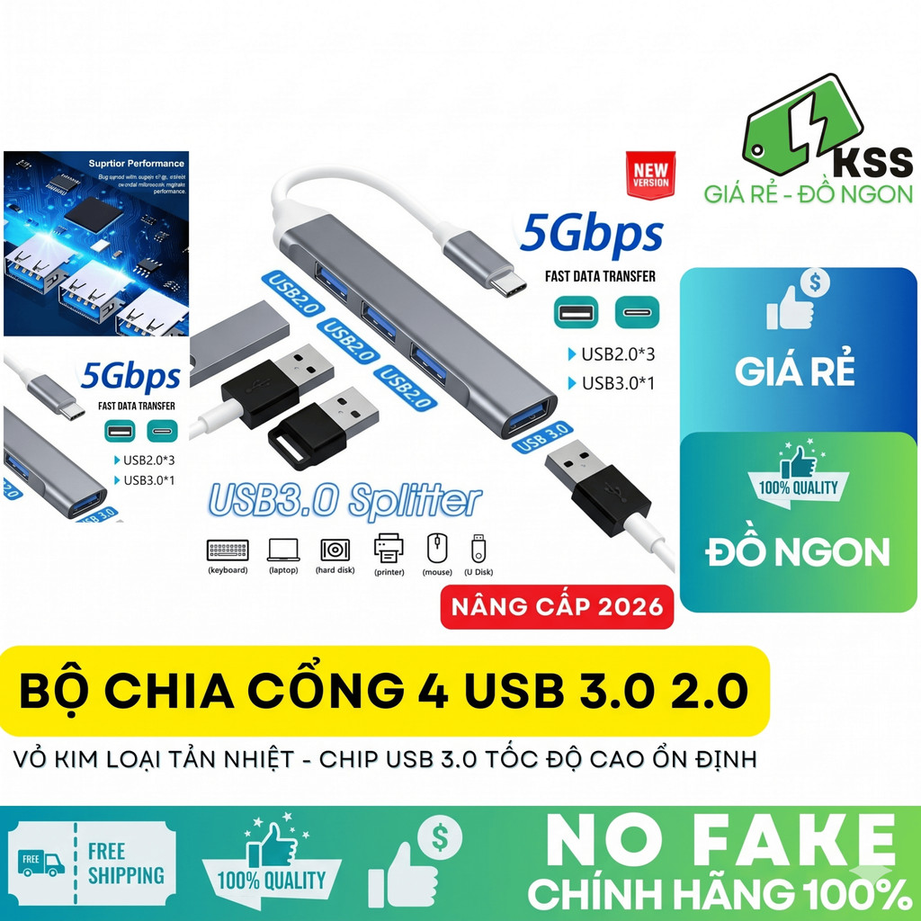 Hub Type C và hub Usb tốc độ cao chia cổng mở rộng kết nối chuyển đổi cho laptop táo Laptop PC KSS