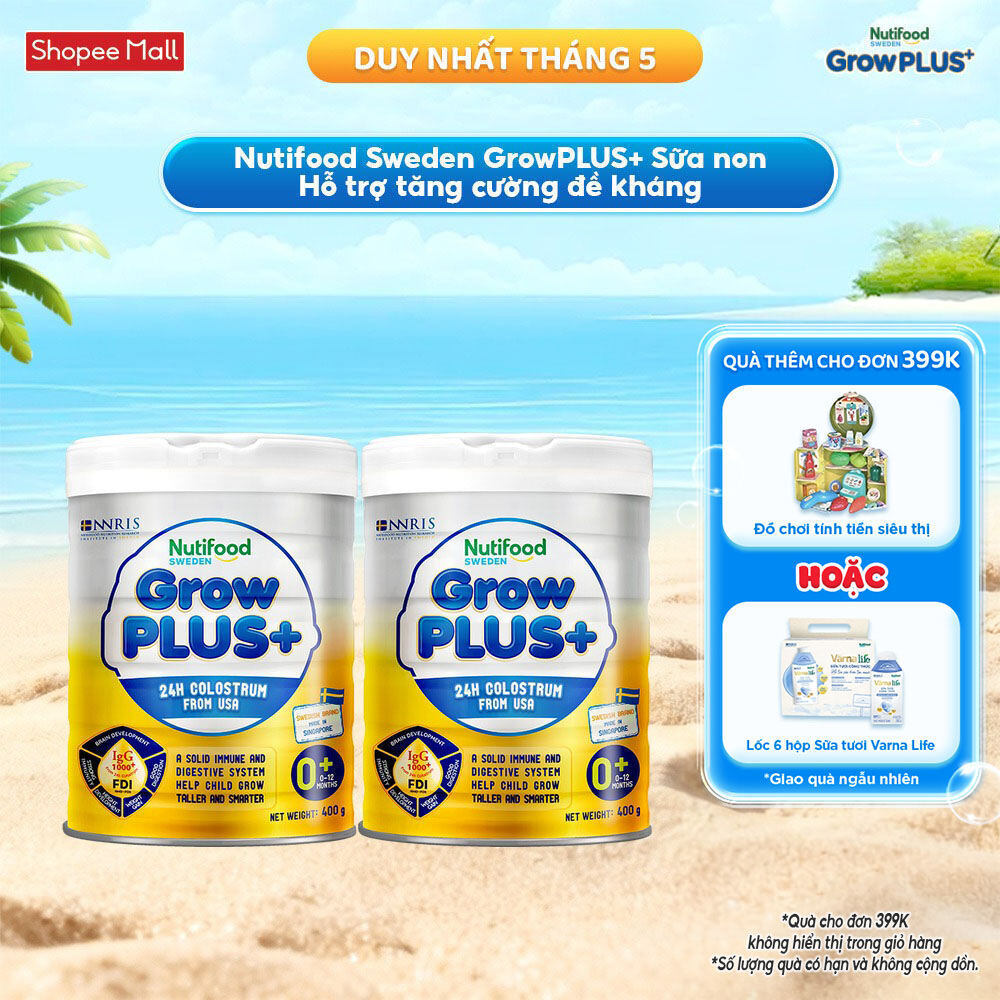 Combo 2 Sữa bột Nutifood GrowPLUS+ Vàng (Sữa Non Tăng Đề Kháng) 0-12 tháng (400g/Lon)