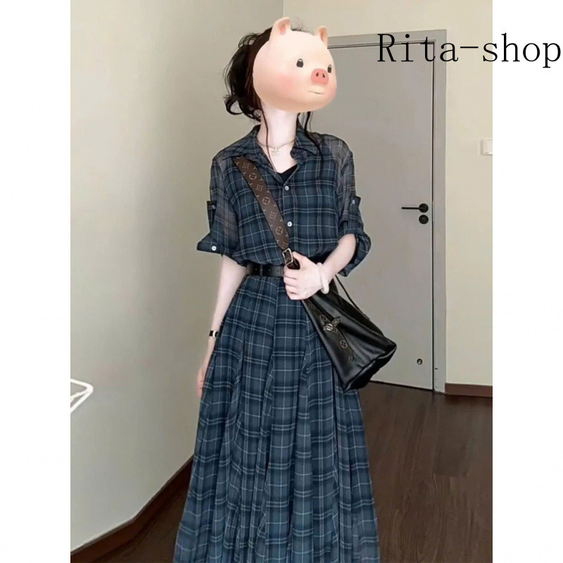 [Pre-Order] Váy Sơ Mi Caro Xanh Phong Cách Hàn Quốc Thanh Lịch Dáng Suông Che Dáng Hot Trend | BigBuy360 - bigbuy360.vn