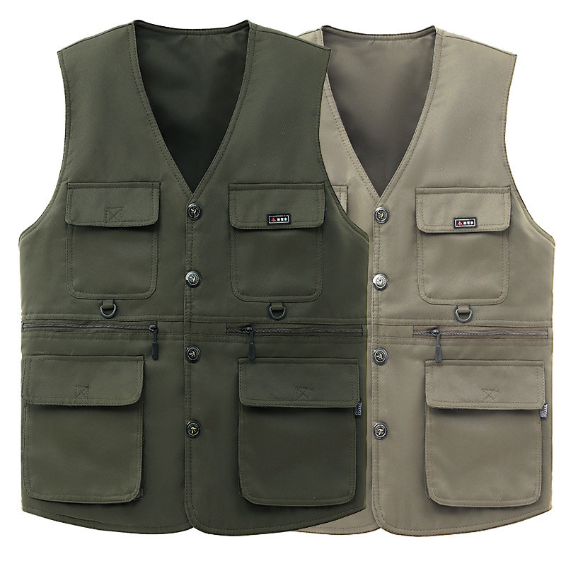 Người Cao Tuổi Trung Niên Nam Vest Bố Kích Thước Lớn Nhiều Túi Áo Khoác Cổ Chữ V Thường Ngày Áo Khoá
