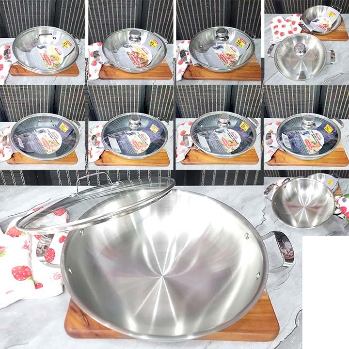 [Chính hãng] Chảo sâu kèm nắp kiếng inox 304 3 lớp liền khối đủ kích thướt từ size 20 - 32cm chính h