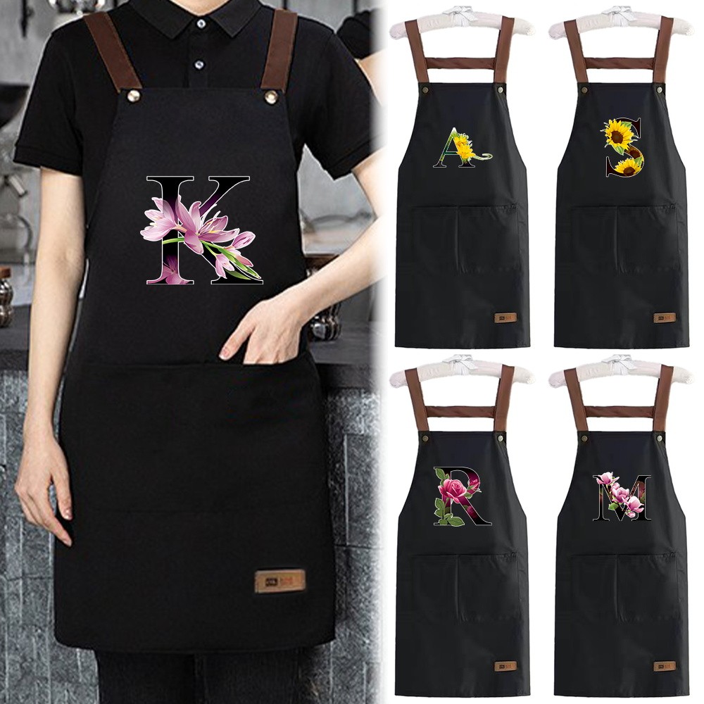 Cooking Apron With Pockets, Adjustable Black Printed Apron, Oil-resistant, Suitable For Garden/kitch