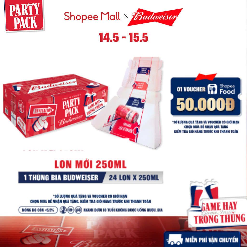 [ĐỘC QUYỀN LIVESTREAM] Thùng 24 Lon Bia Budweiser PartyPack Chính Hãng (250ml/lon)