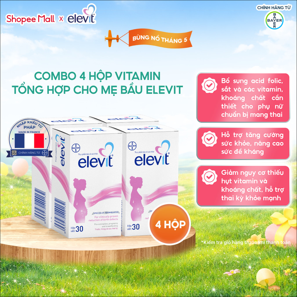 Bộ 4 Thực phẩm bảo vệ sức khỏe Elevit bổ sung Acid Folic, Sắt, Canxi, Các Vitamin và Các khoáng chất