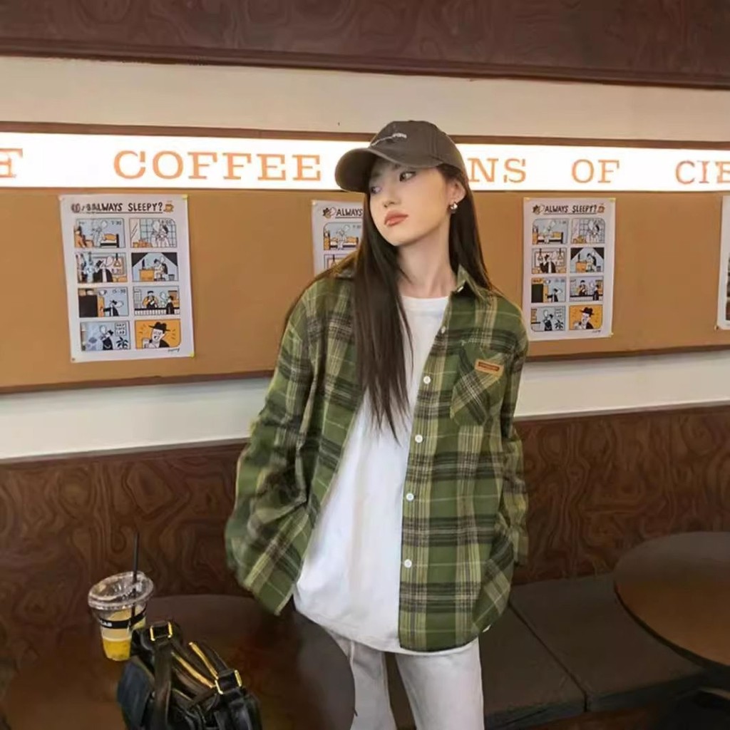 Matcha Xanh Kẻ Sọc Áo Sơ Mi Nam Dài Tay Thu Đông Flannel Áo Sơ Mi cleanfit Phong Cách Mỹ Xù Đẹp Trai