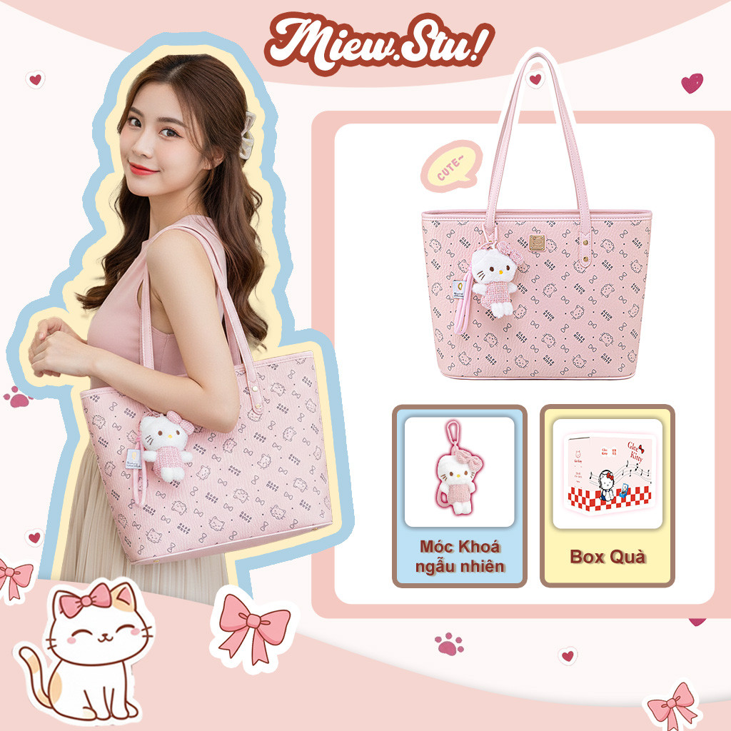 Meiw.stu Túi Tote Nữ Hồng Pastel Dáng Lớn Siêu Đáng Yêu Glee Kitty, Chất Da Mềm Cao Cấp, Kèm Móc Thú