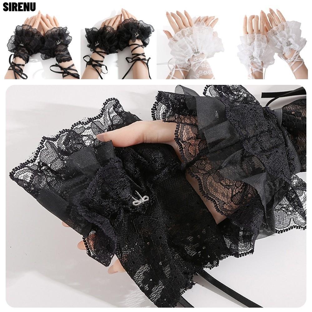 SIRENU 1 Găng Tay Không Ngón, Thiết Kế Xù Găng Tay Gothic Đen / Trắng, Ren Hoa Dễ Thương Thắt Nơ Co 
