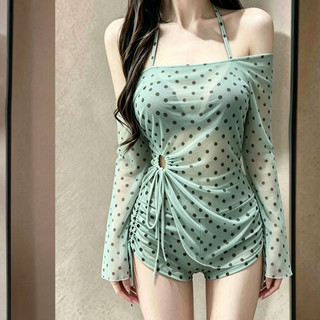 Gwenny Hot Spring Kỳ Nghỉ Đồ Bơi Nữ Tay Dài Che Giảm Béo Bụng Kiểm Soát Mới Chấm Bi Đồ Bơi