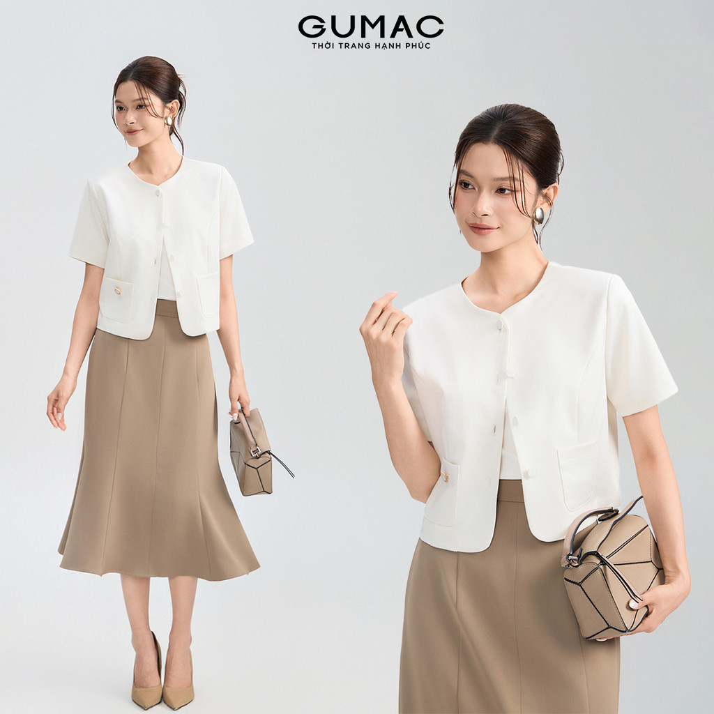 Áo khoác blazer GUMAC form suông lửng tay ngắn cổ tròn đính nút kiểu ở hai miệng túi OWG05056