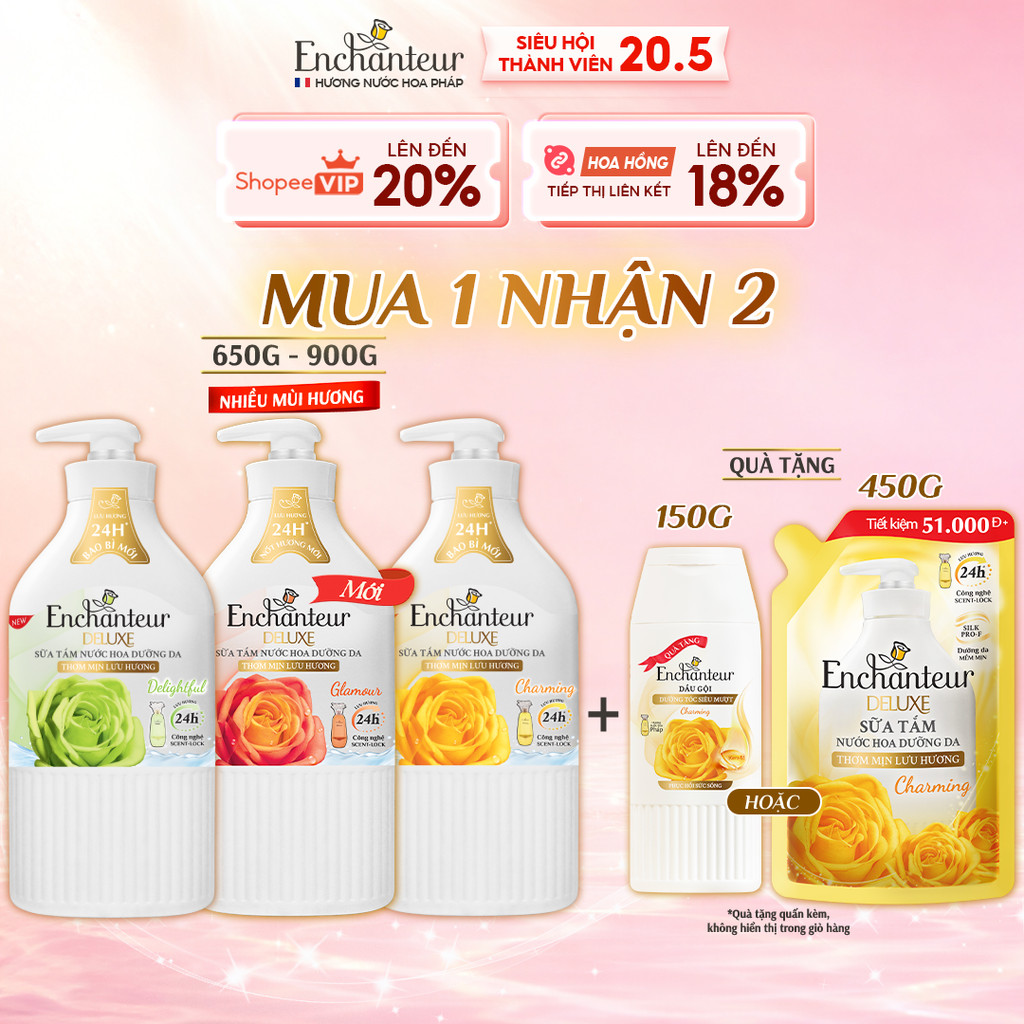 [TẶNG Túi 200G/ 450G] Sữa tắm hương nước hoa Pháp Enchanteur Deluxe 650g / 900g (Tặng mùi ngẫu nhiên