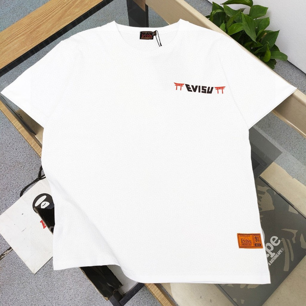 EVISU / Fushen 2026 Áo thun ngắn tay cổ tròn cổ điển nam nữ phong cách hai dòng dày không thấm nước 