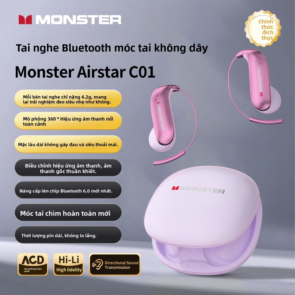Monster Monster C01 Tai Nghe Bluetooth Treo Tai Nghe Trò Chơi Mở Nhạc Độ Trễ Thấp Ánh Sáng Thoải Mái