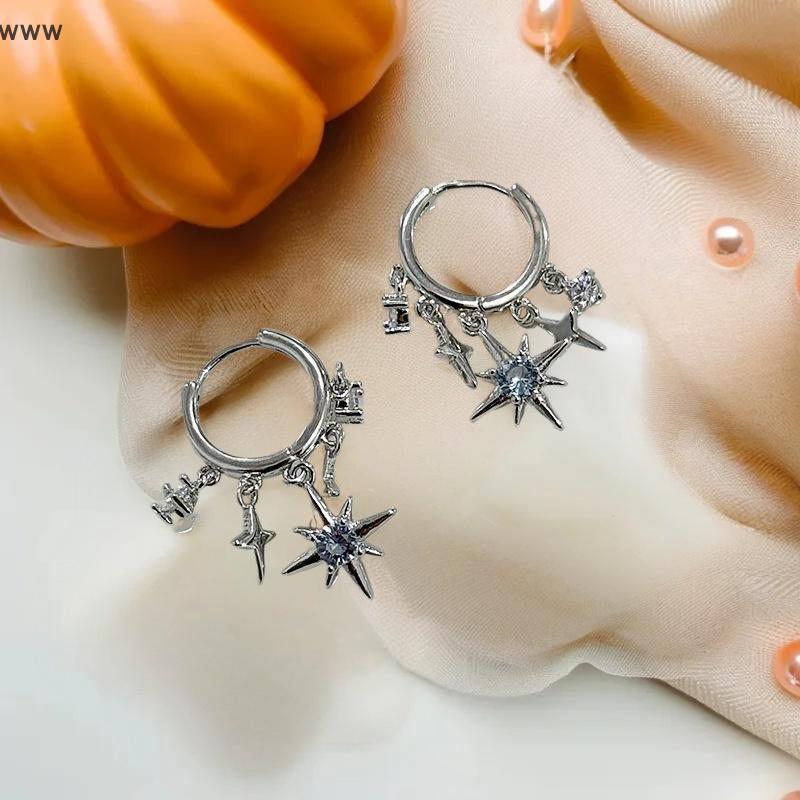 [auz] Blue Zircon Eight-Pointed Star Pendant Earrings For Women Silver Color Star Tassel Ear Buckle 