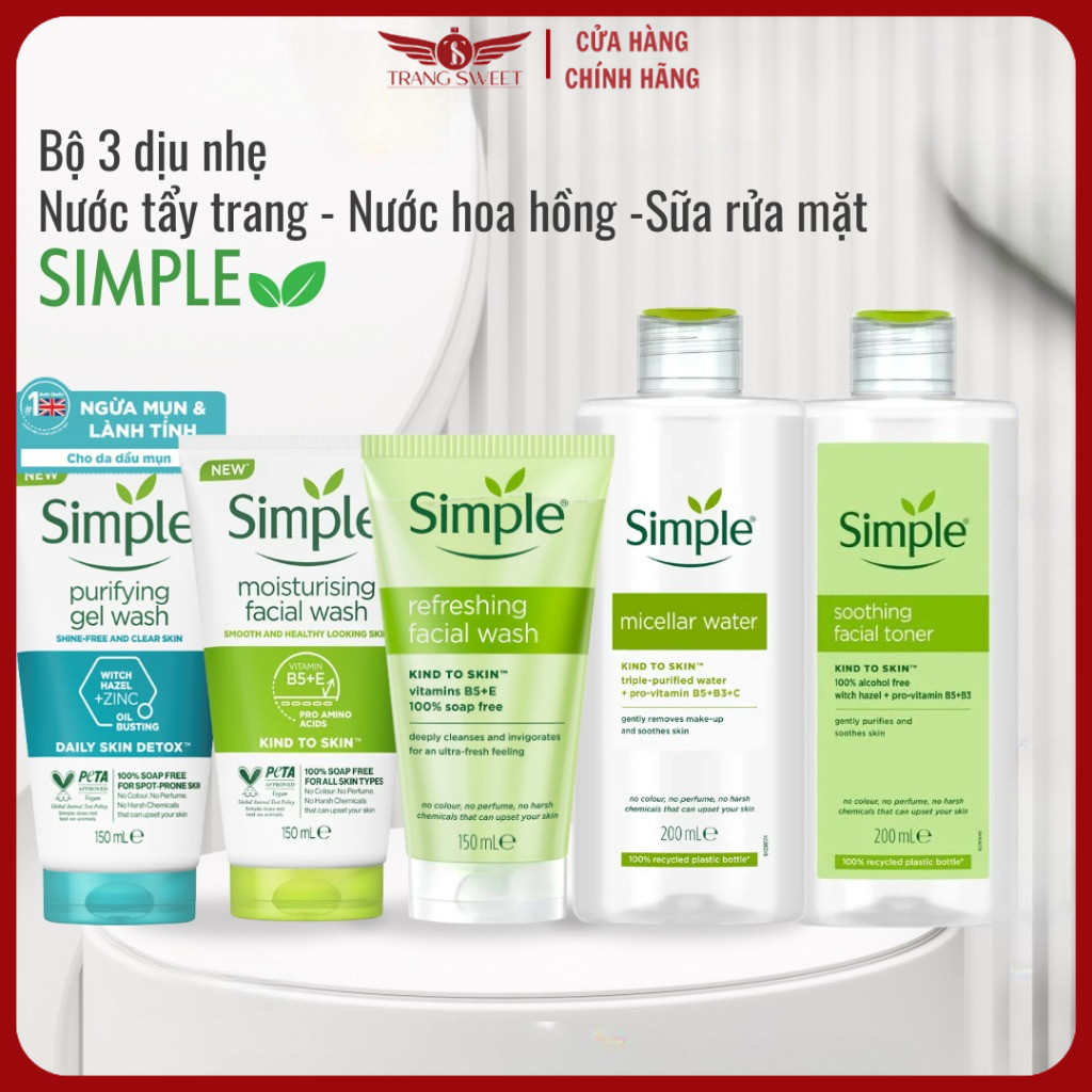 Sữa rửa mặt Simple, Nước tẩy trang Simple, Toner SIMPLE