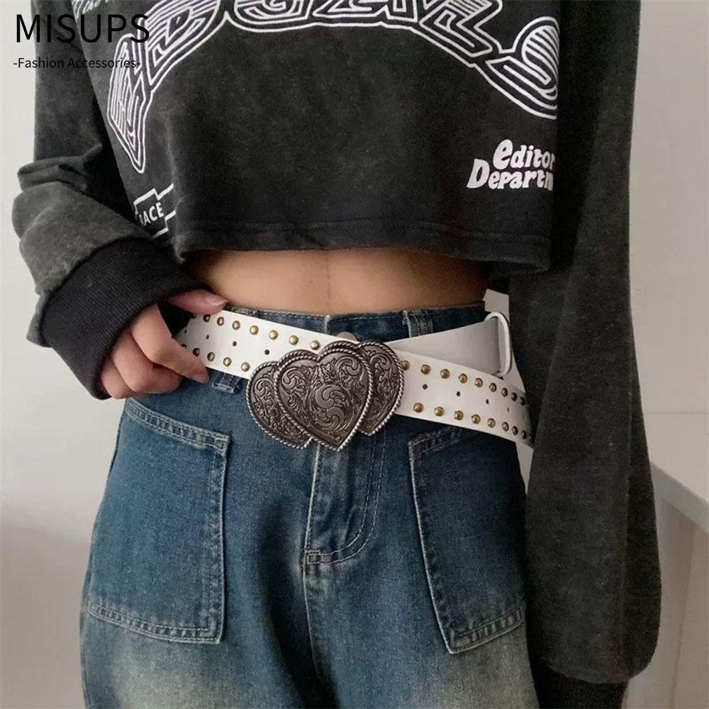 Quần Jean MISUPS với dây thắt lưng trang trí da PU, style vintage Y2K và cổ điển gothic cowboy/cowgi