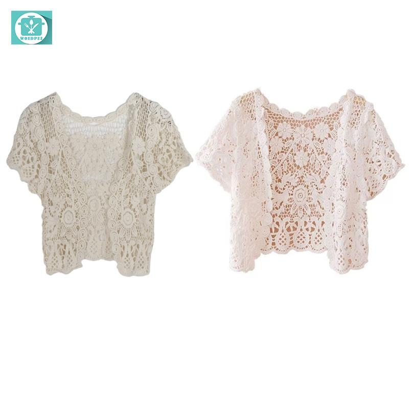 Nữ shrug bolero chống nắng, thiết kế ren hoa tay ngắn, mở phía trước