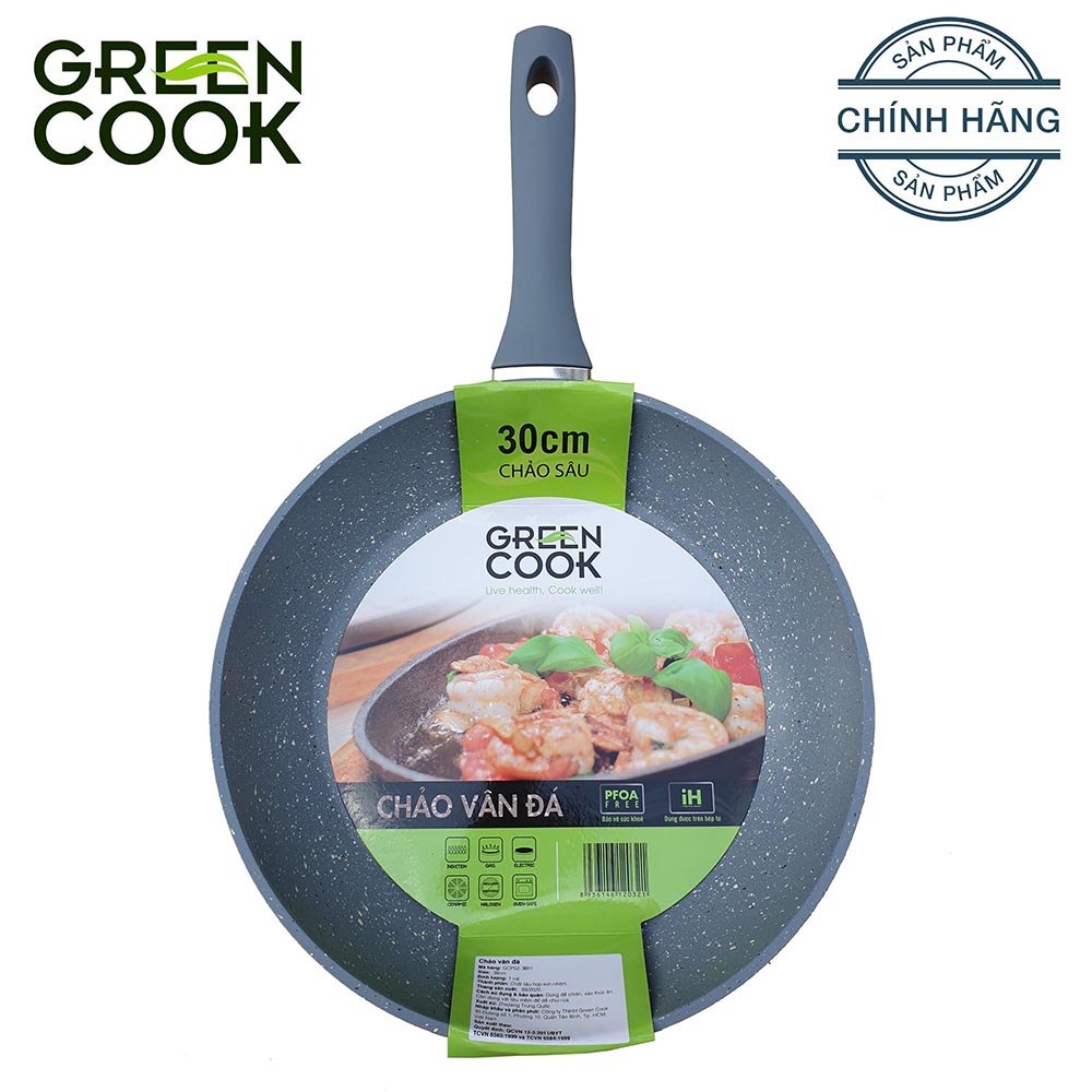Chảo đáy từ vân đá GCP02 chống dính PFOA free GREEN COOK Size : 20cm, 22cm, 24cm, 26cm, 28cm
