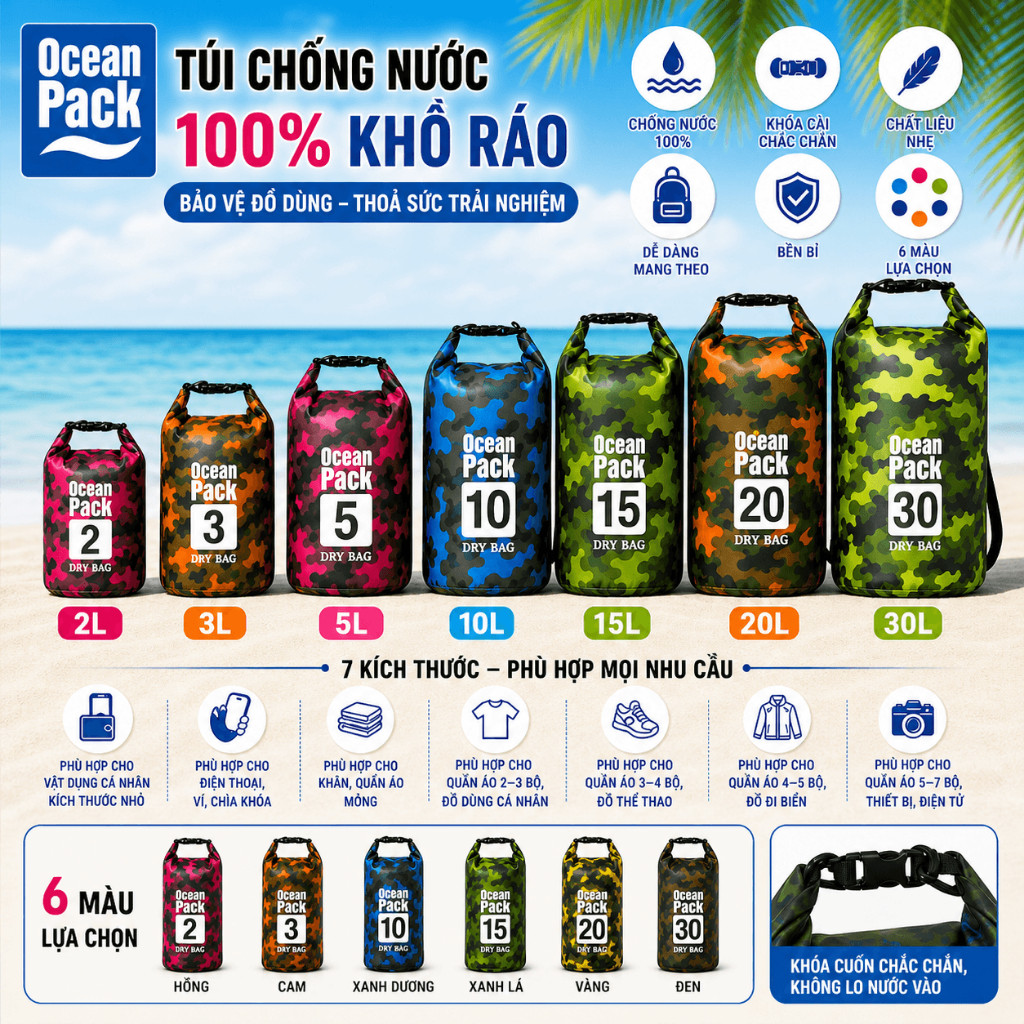 Ocean Pack Túi Khô Chống Nước Ngụy Trang 2L-30L, Túi Cuộn Nhẹ Cho Kayak, Bơi, Camping, Du Lịch