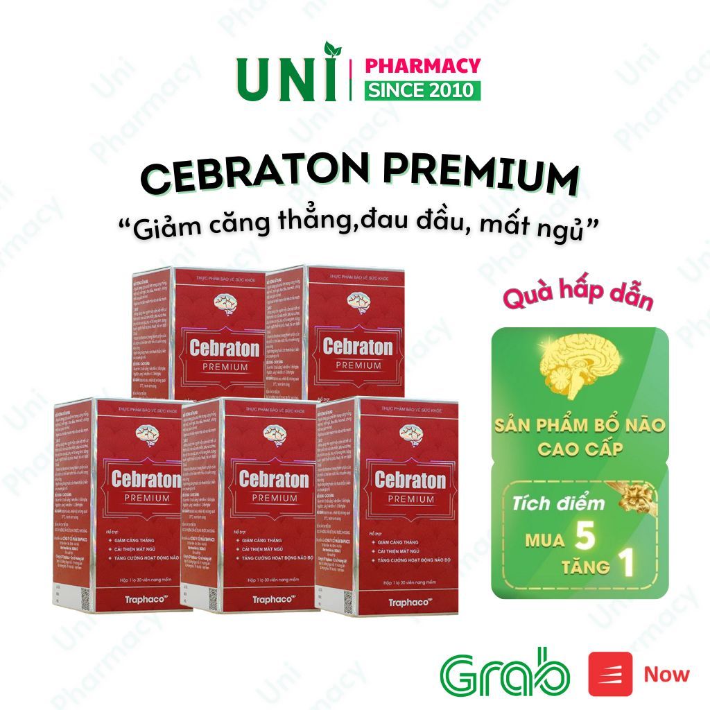 Combo 5 hộp Cebraton Premium Traphaco Bổ Não Giảm Căng Thẳng Đau Đầu Cải Thiện Mất Ngủ Lọ 30v