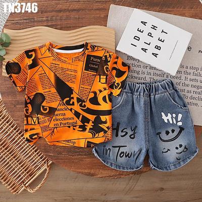 Set Áo Thun Cam In Họa Tiết Báo Phối Quần Short Jean Mặt Cười Cá Tính MINTSCLOSET TN3746